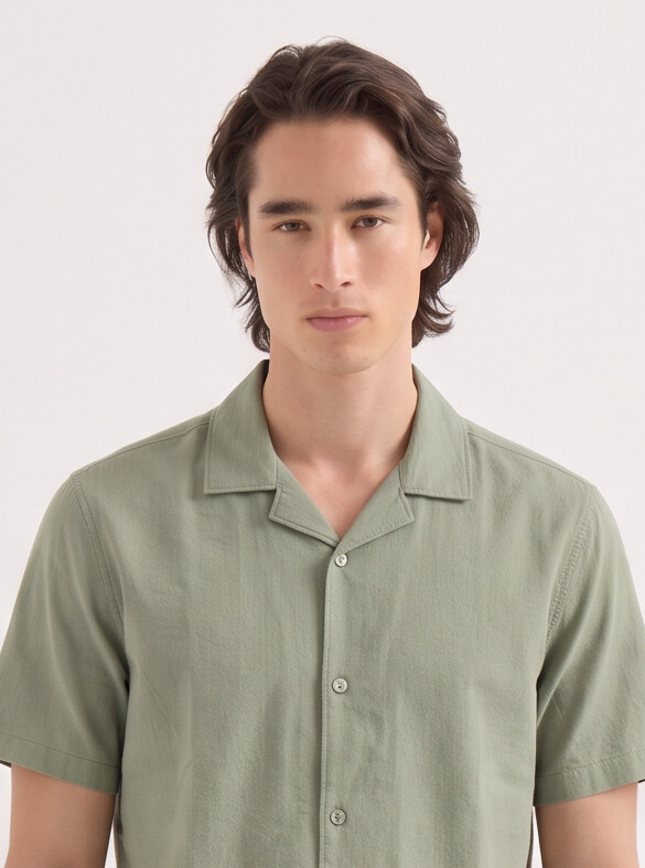 Men Sage Green Cuban Collar Shirt