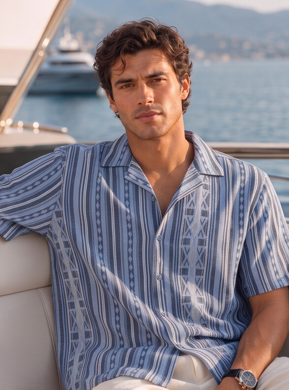 Men Blue Asymmetric Stripe Cuban Collar Shirt