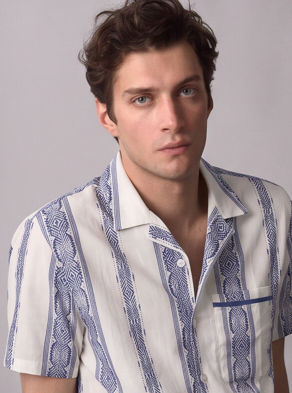 Men Cream & Navy Ethnic Stripe Cuban Collar Shirt