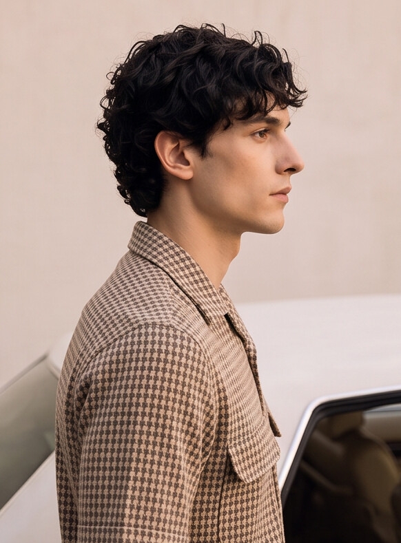 Men Brown Geometric Jacquard Cuban Collar Shirt