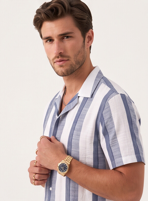Men Grey & White Asymmetric Stripe Cuban Collar Shirt
