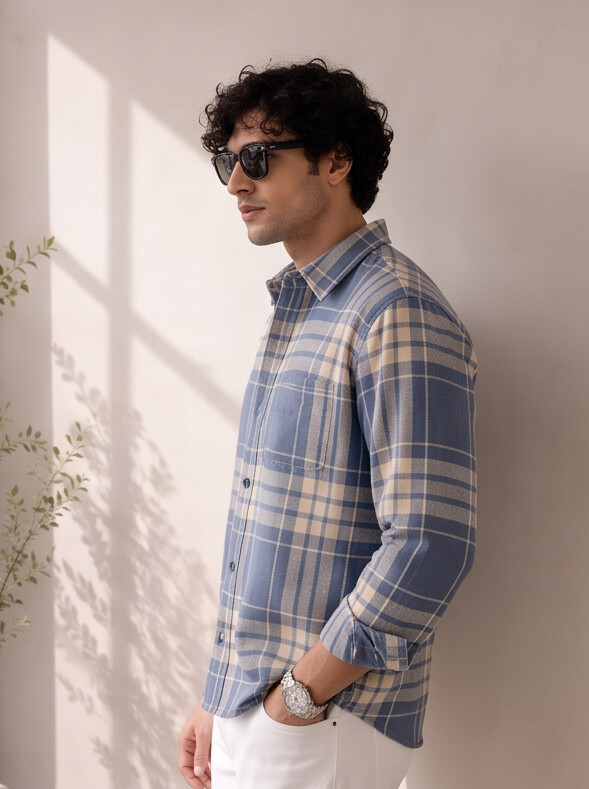 Men Blue Checked Plaid Shirt