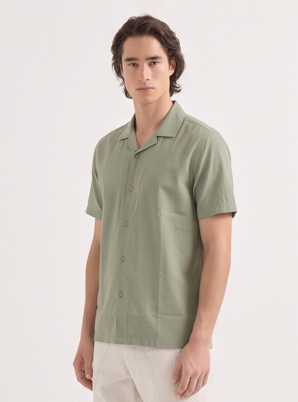 Men Sage Green Cuban Collar Shirt