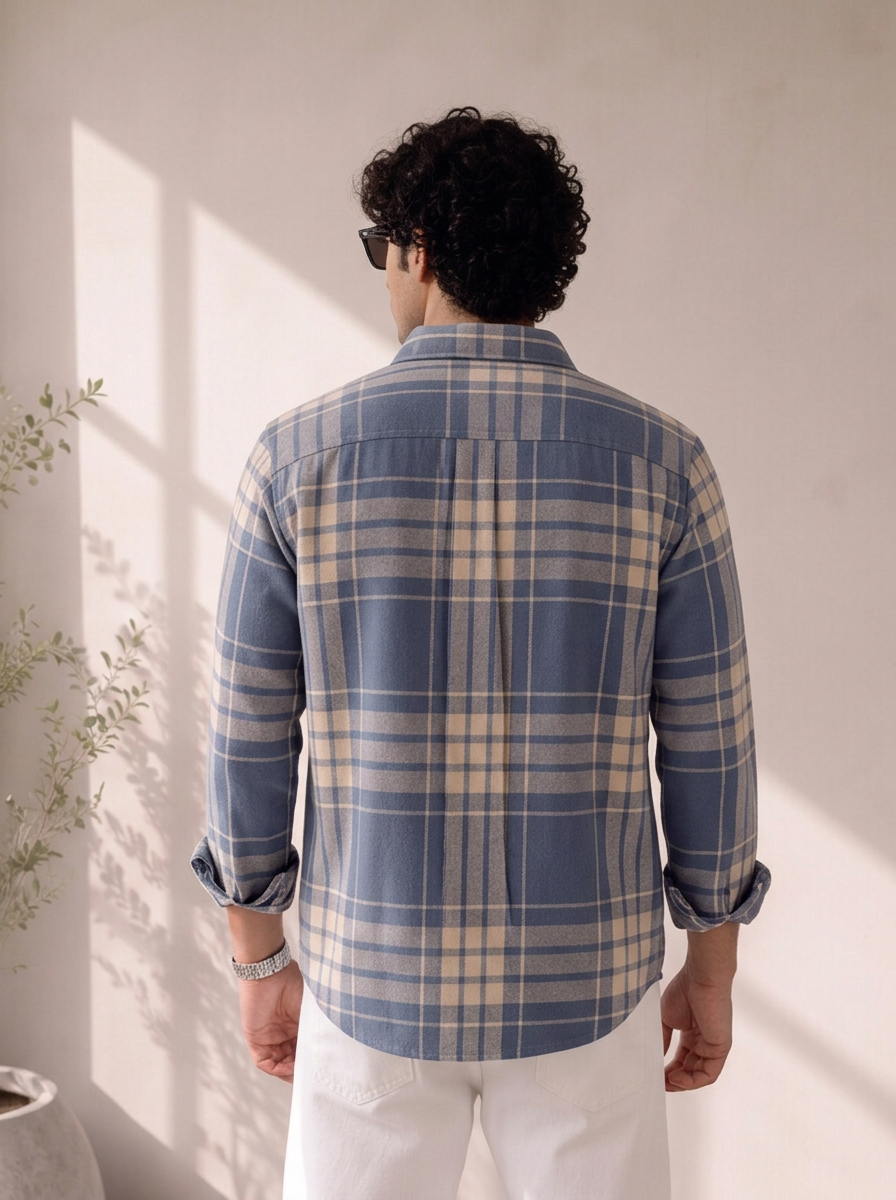 Men Blue Checked Plaid Shirt