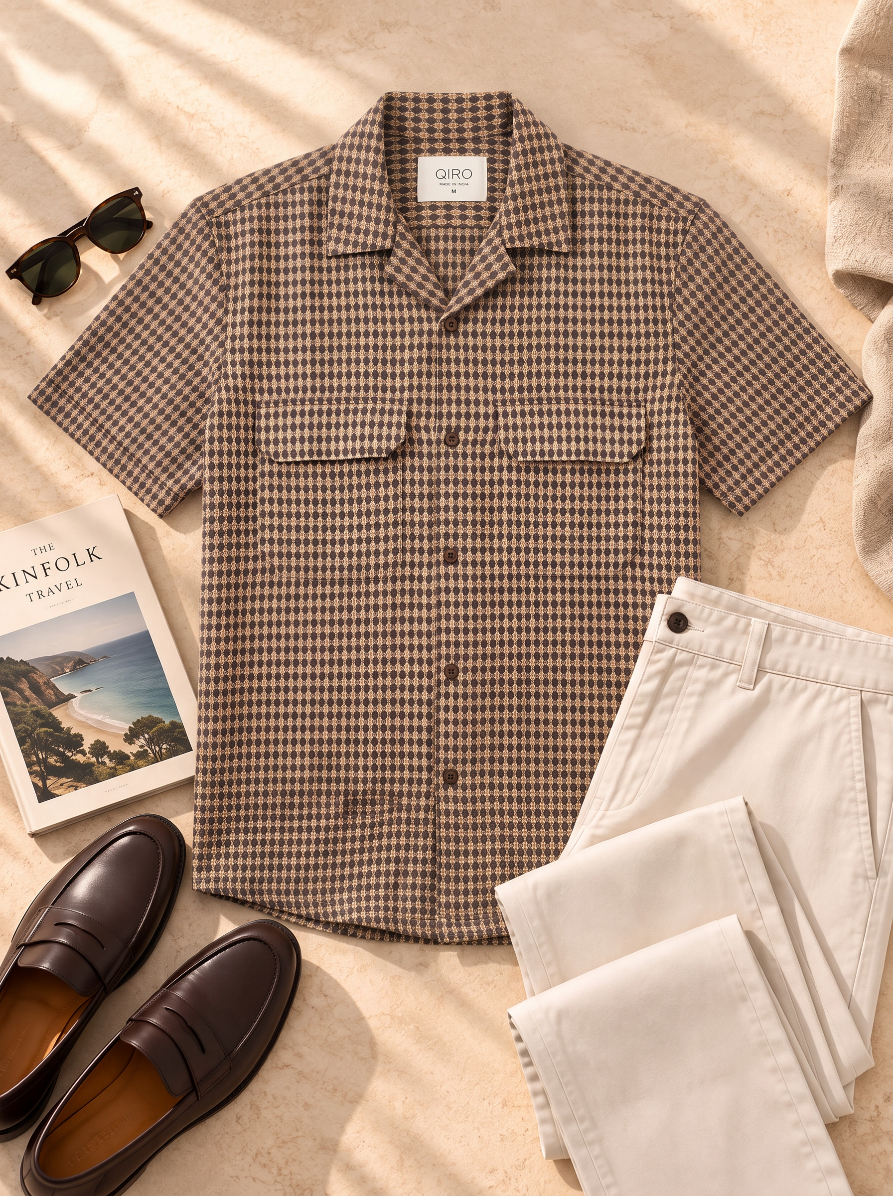 Men Brown Geometric Jacquard Cuban Collar Shirt