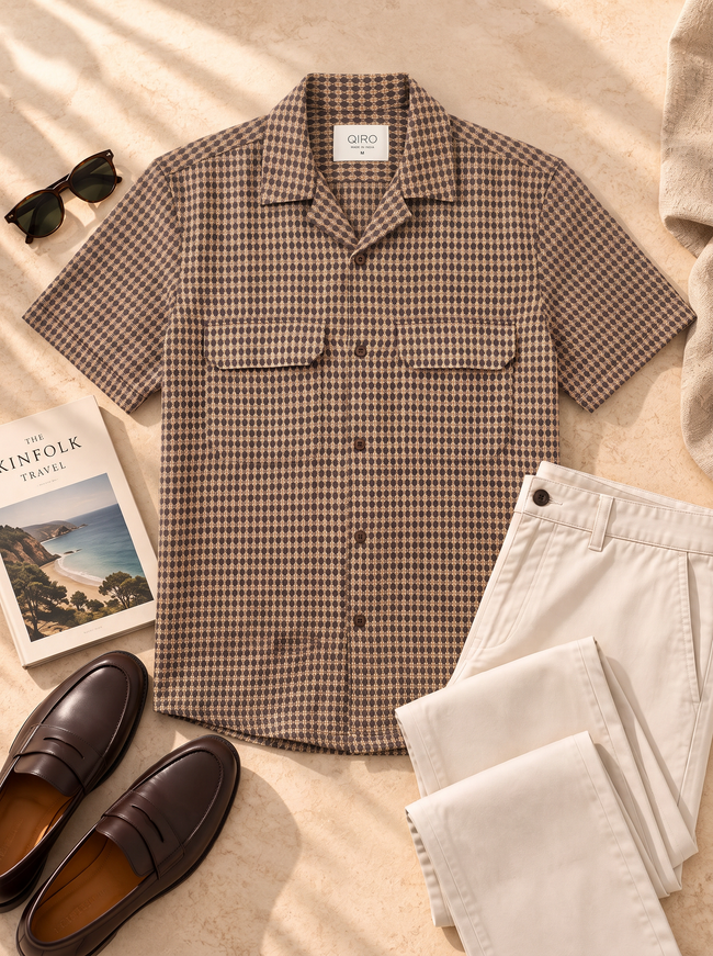 Men Brown Geometric Jacquard Cuban Collar Shirt