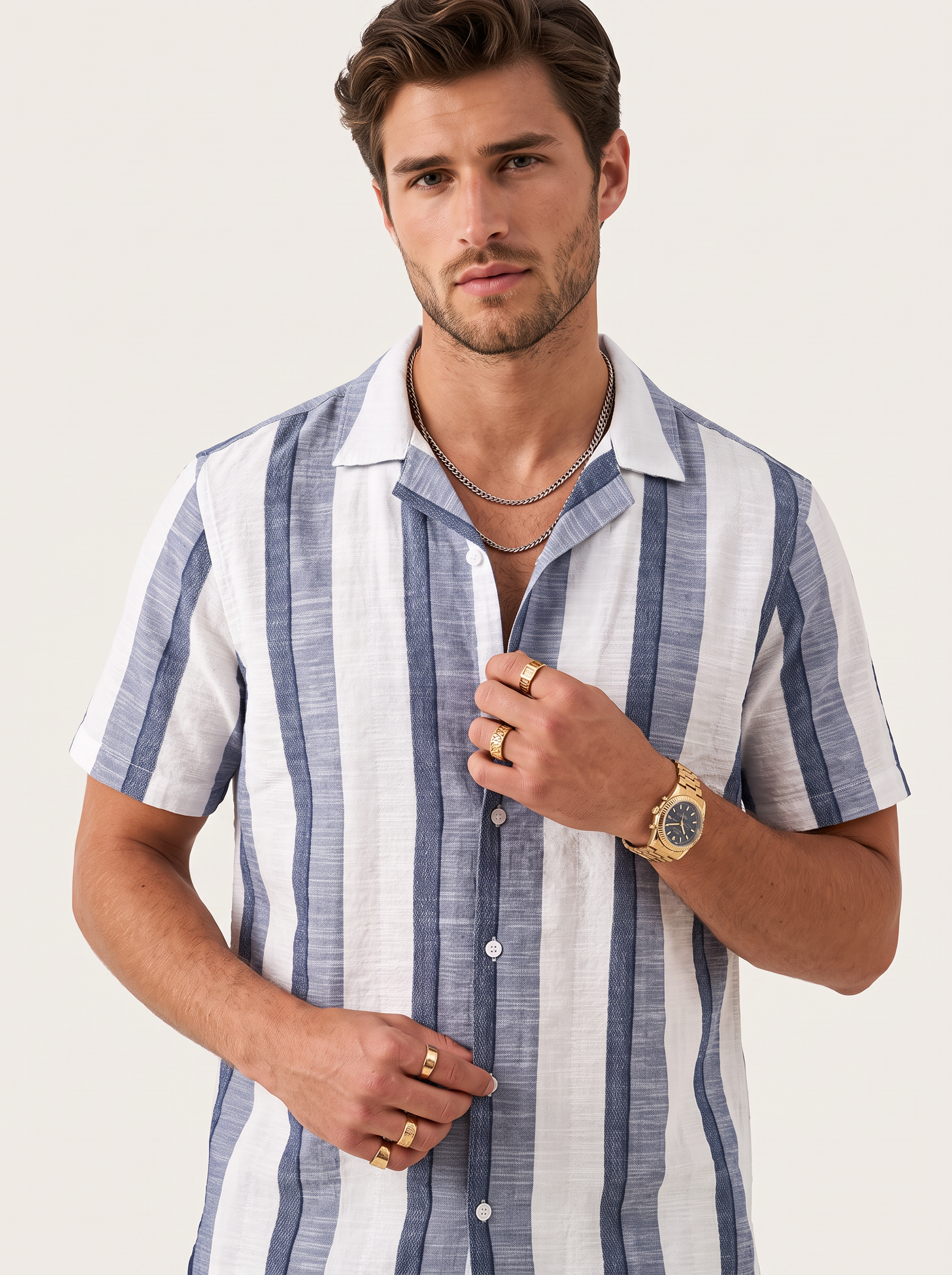 Men Grey & White Asymmetric Stripe Cuban Collar Shirt