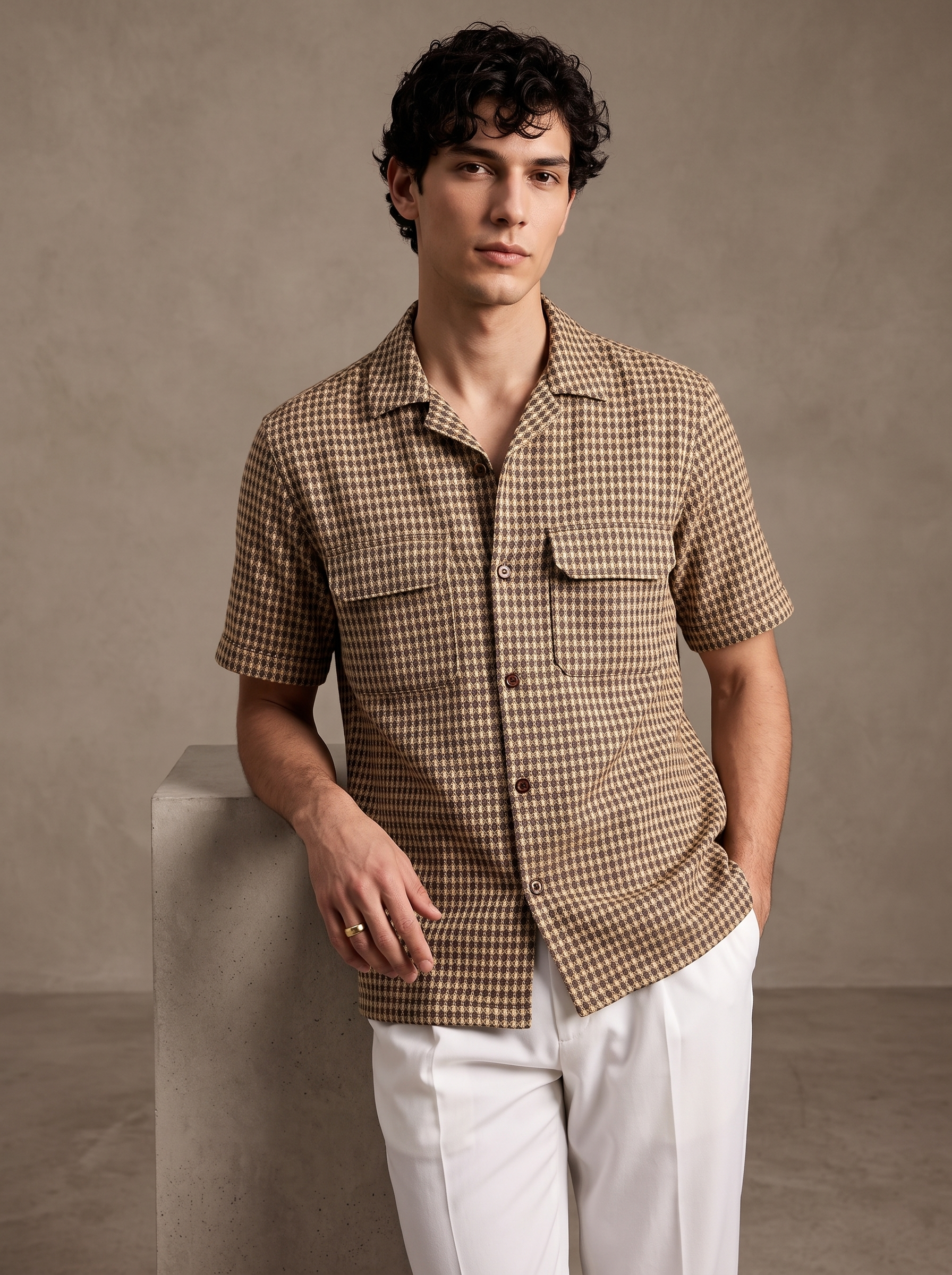 Men Brown Geometric Jacquard Cuban Collar Shirt