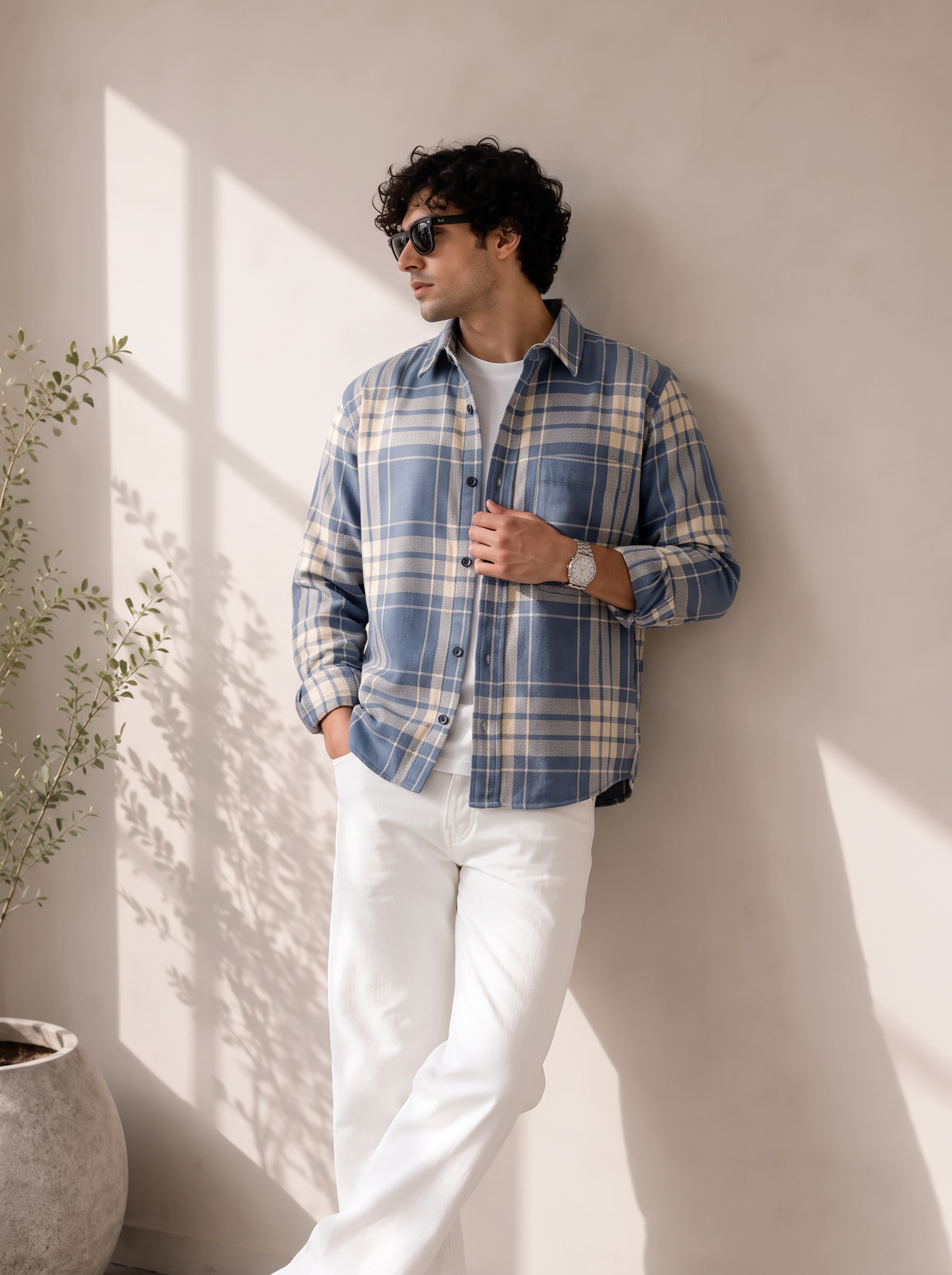 Men Blue Checked Plaid Shirt