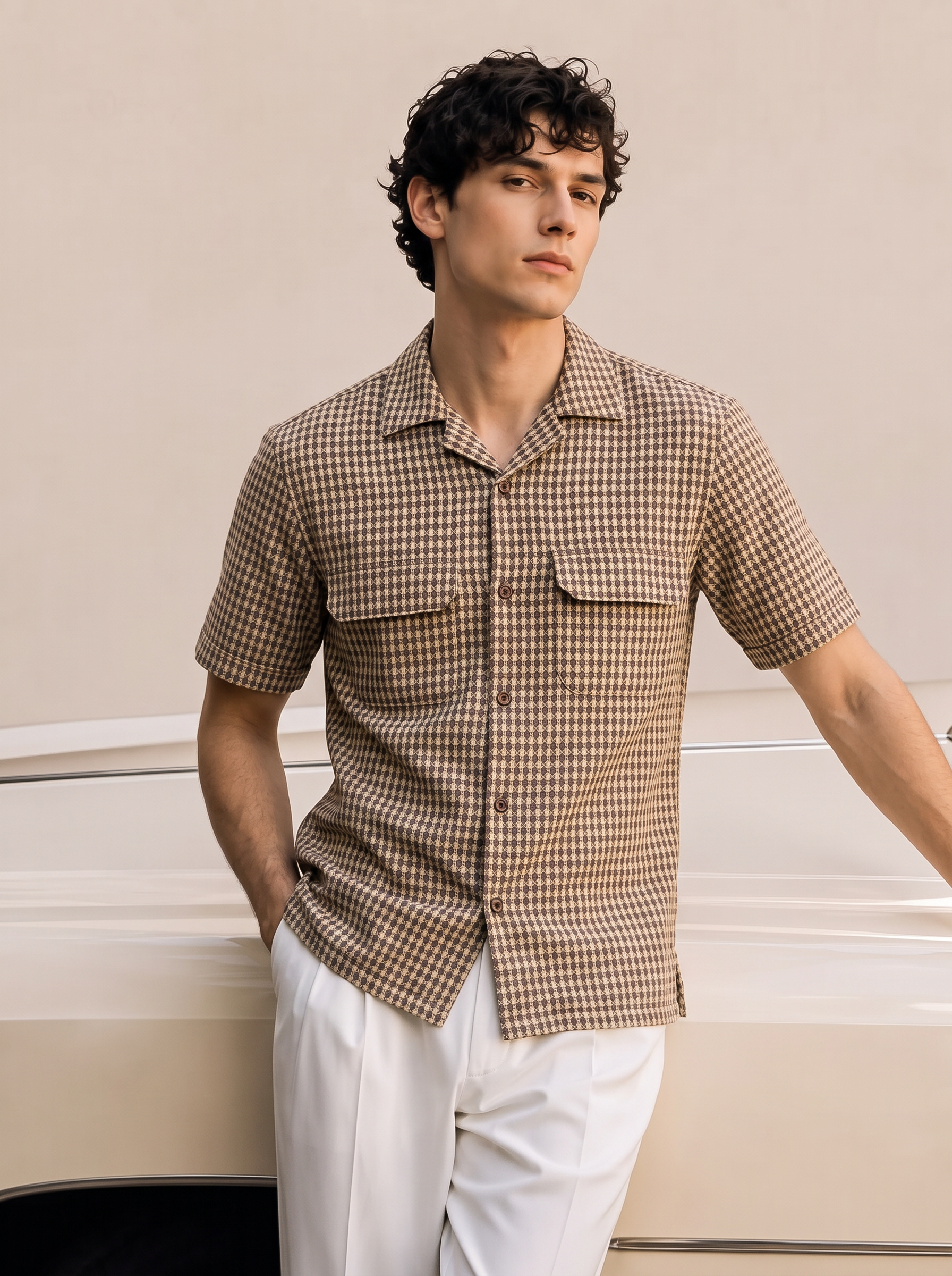 Men Brown Geometric Jacquard Cuban Collar Shirt