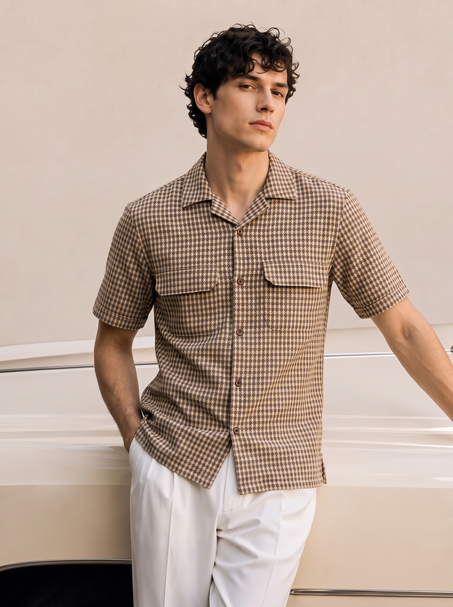Men Brown Geometric Jacquard Cuban Collar Shirt