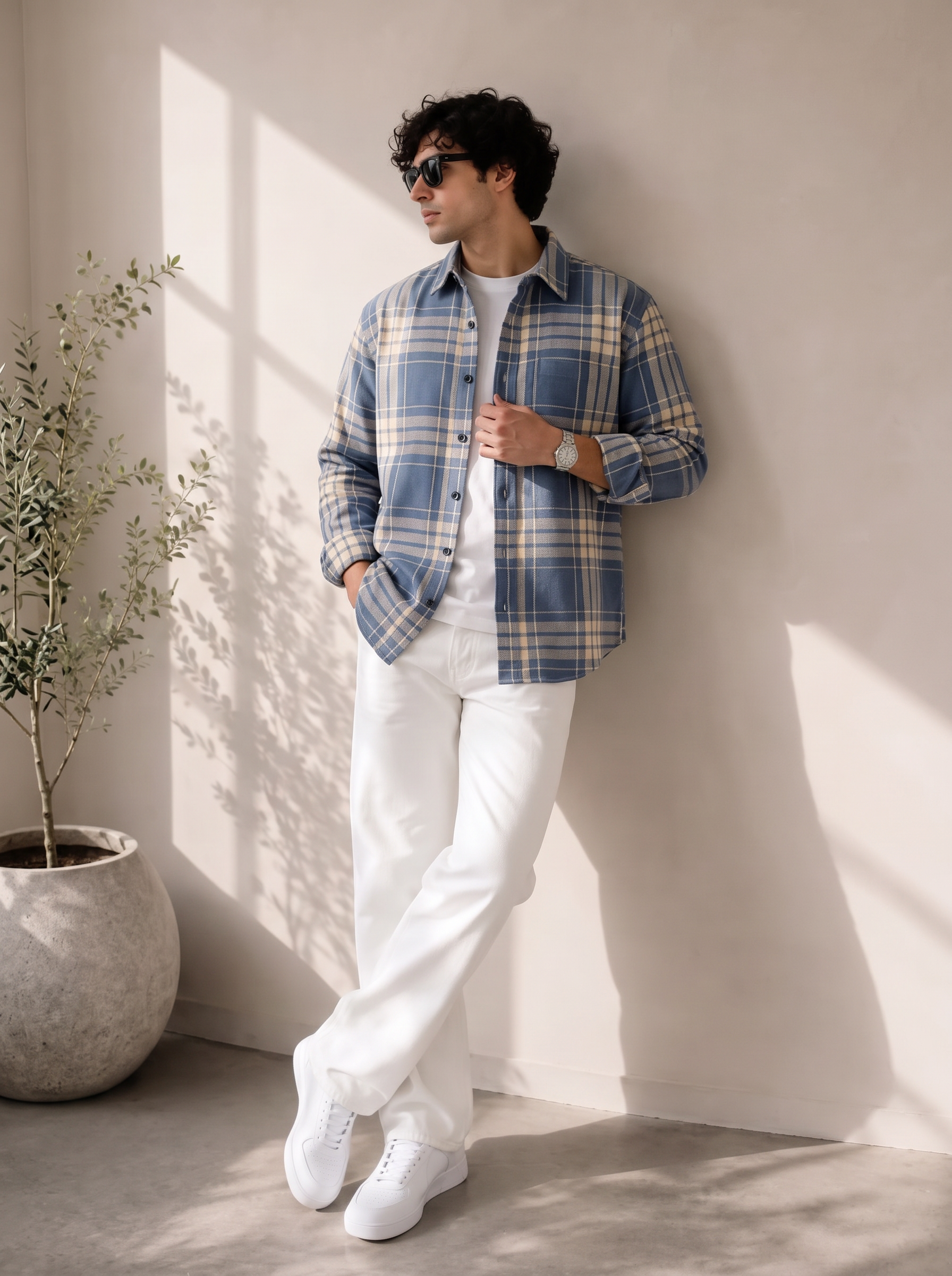 Men Blue Checked Plaid Shirt