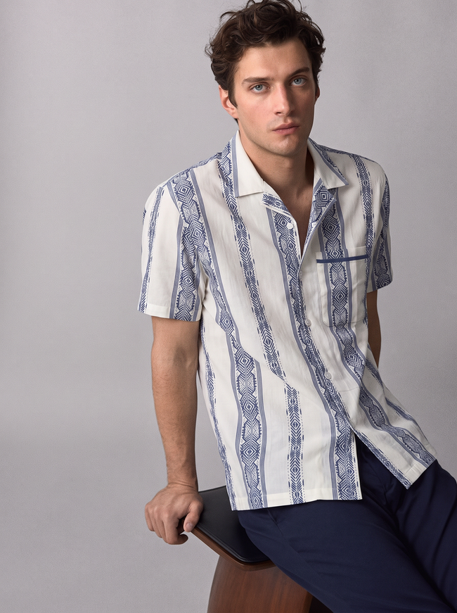 Men Cream & Navy Ethnic Stripe Cuban Collar Shirt
