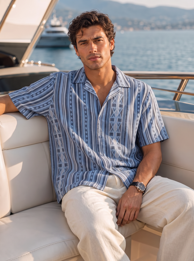 Men Blue Asymmetric Stripe Cuban Collar Shirt