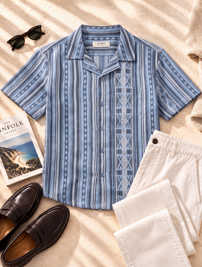 Men Blue Asymmetric Stripe Cuban Collar Shirt