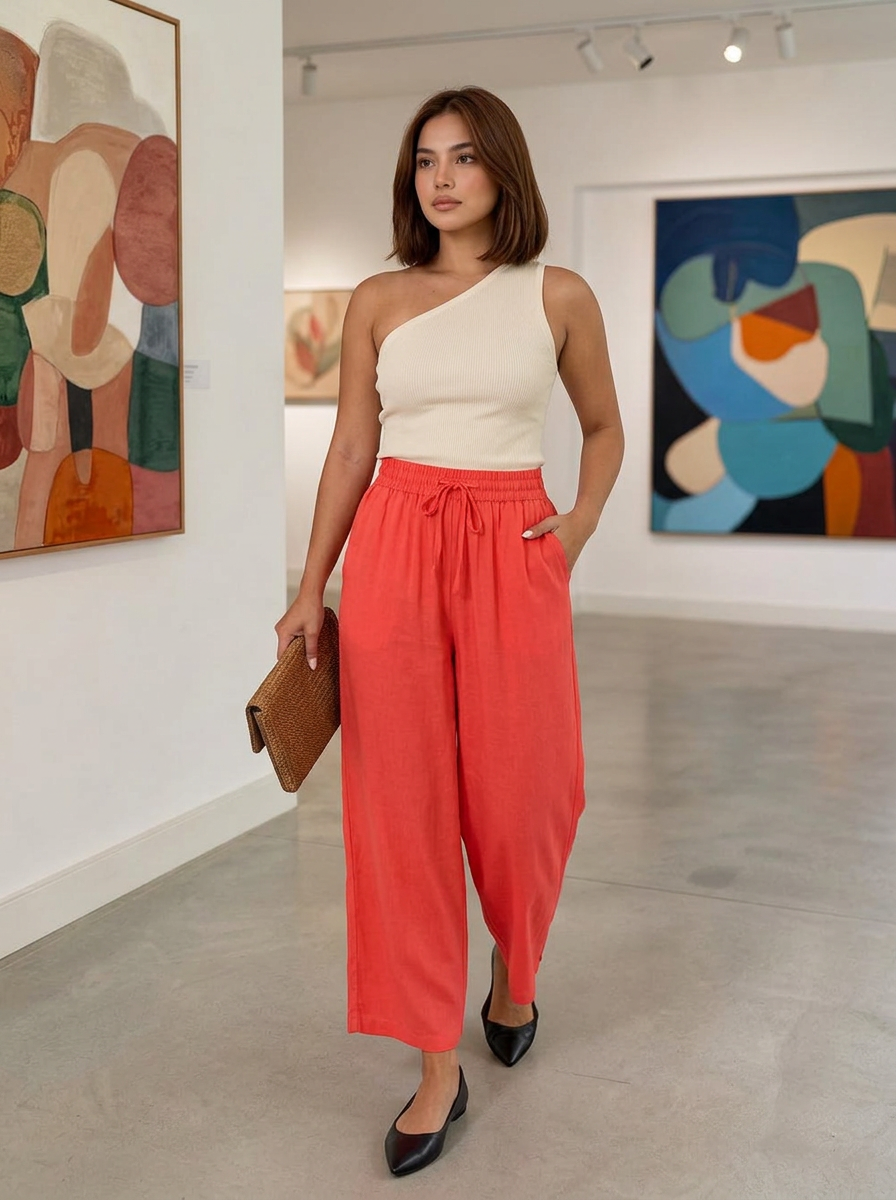 Women Red Flowy Wide-Leg Pants with Drawstring