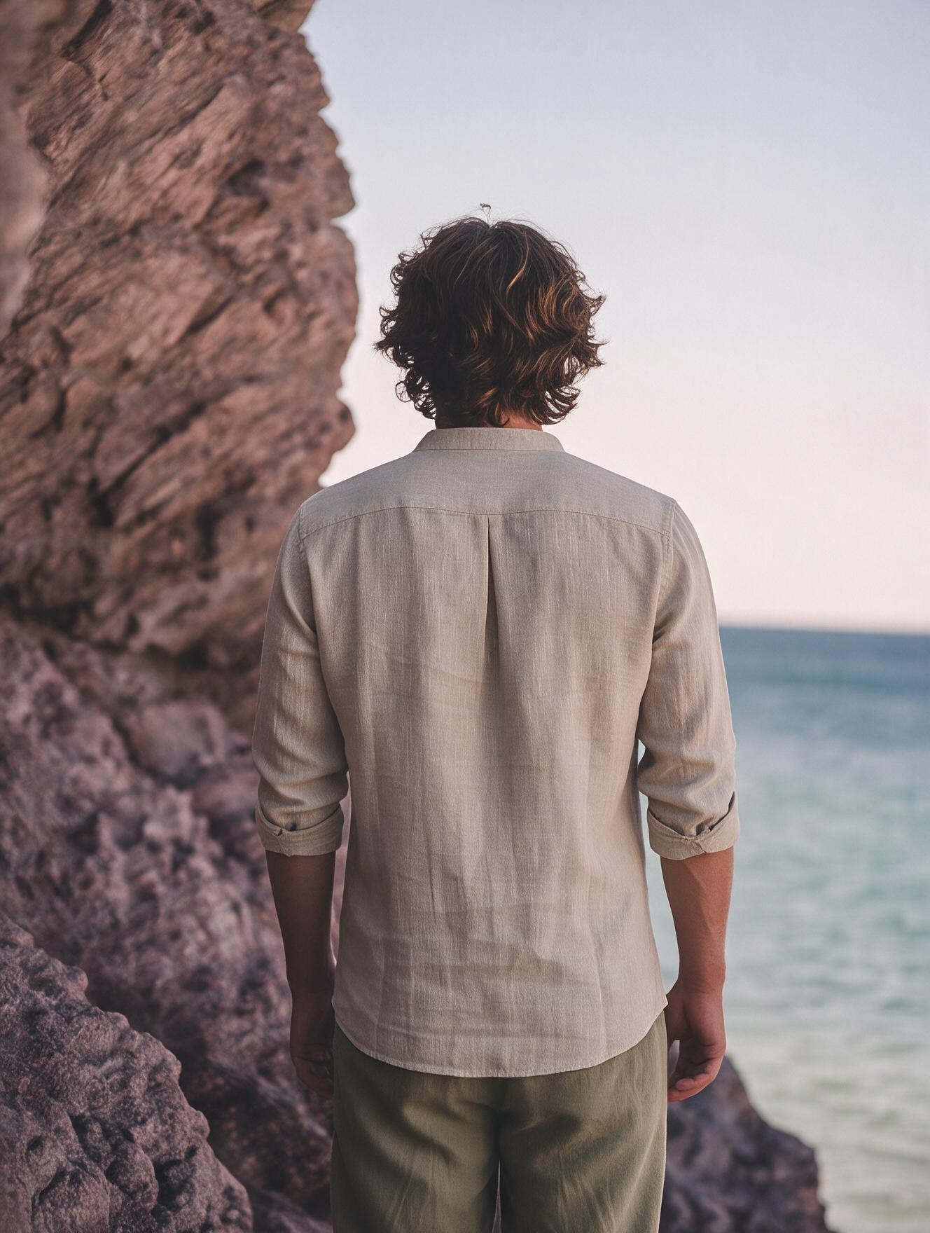 Men Beige Textured Mandarin Collar Henley Shirt