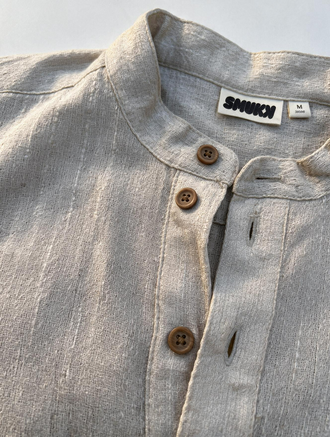Men Beige Textured Mandarin Collar Henley Shirt
