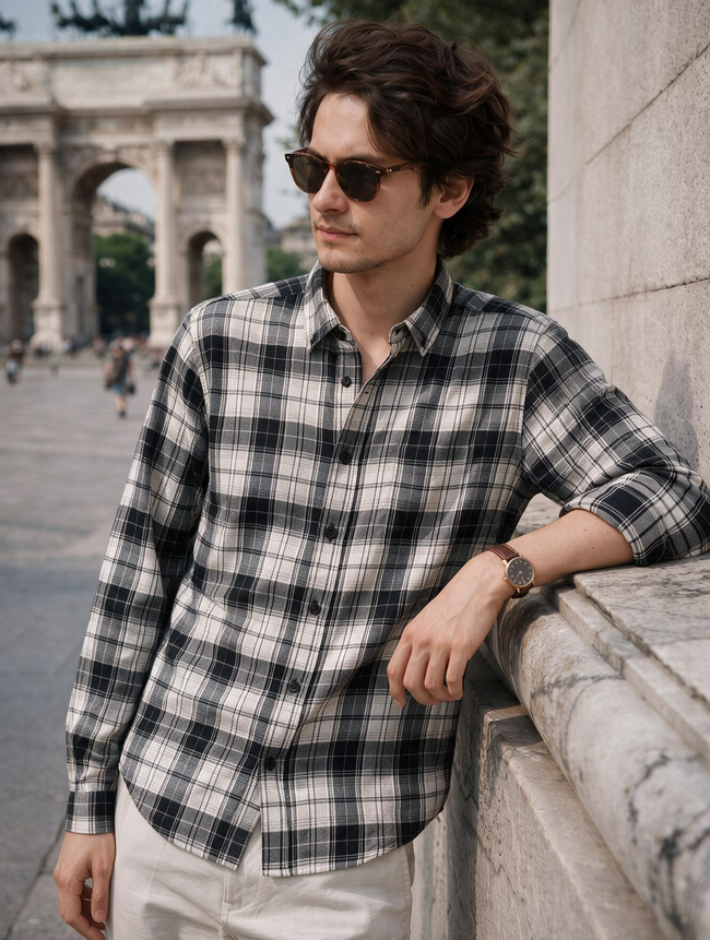 Men Grey Plaid Checked Long Sleeve Casual Shirt
