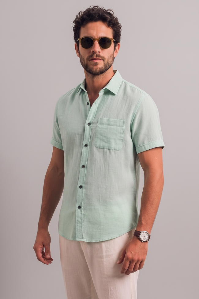 Men Linen Light Green Regular Shirt