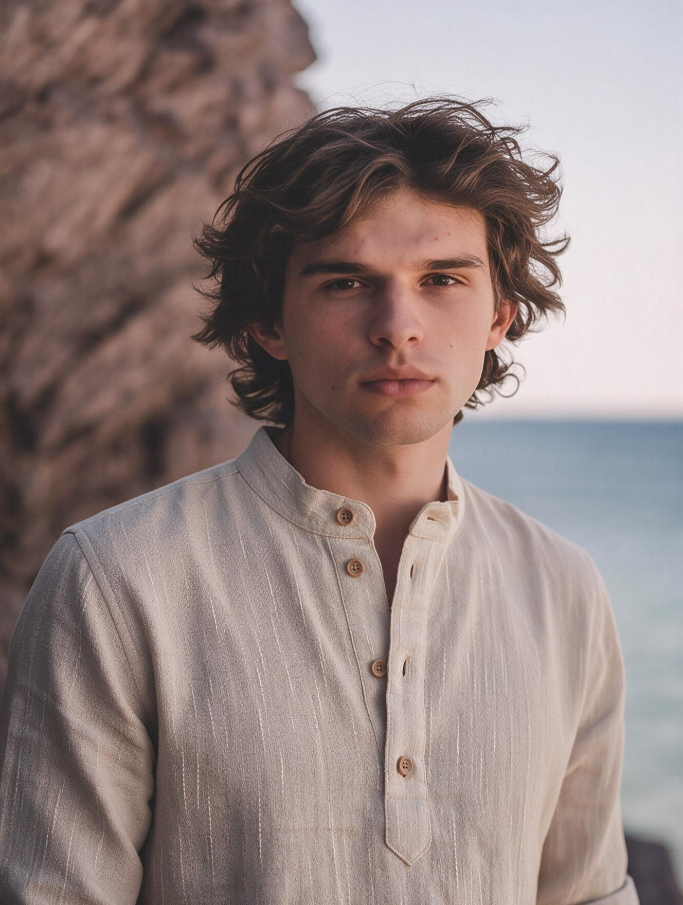 Men Beige Textured Mandarin Collar Henley Shirt