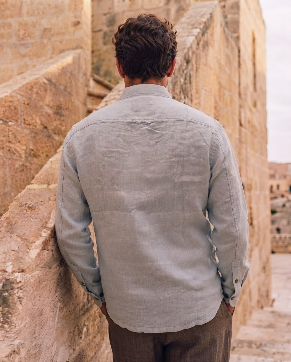 Men Linen Light Blue Regular Shacket