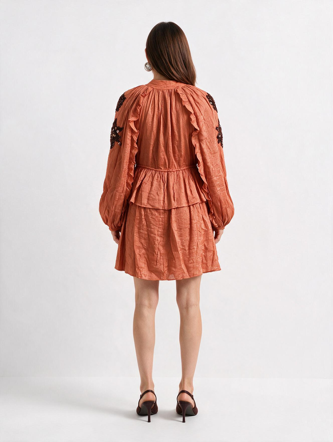 Women Rust Sequin Embroidered Ruffle Detail Tiered Dress