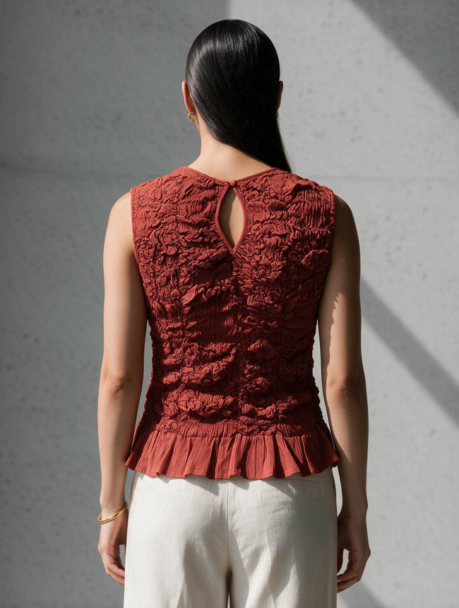 Women Red Crinkled Sleeveless Peplum Top