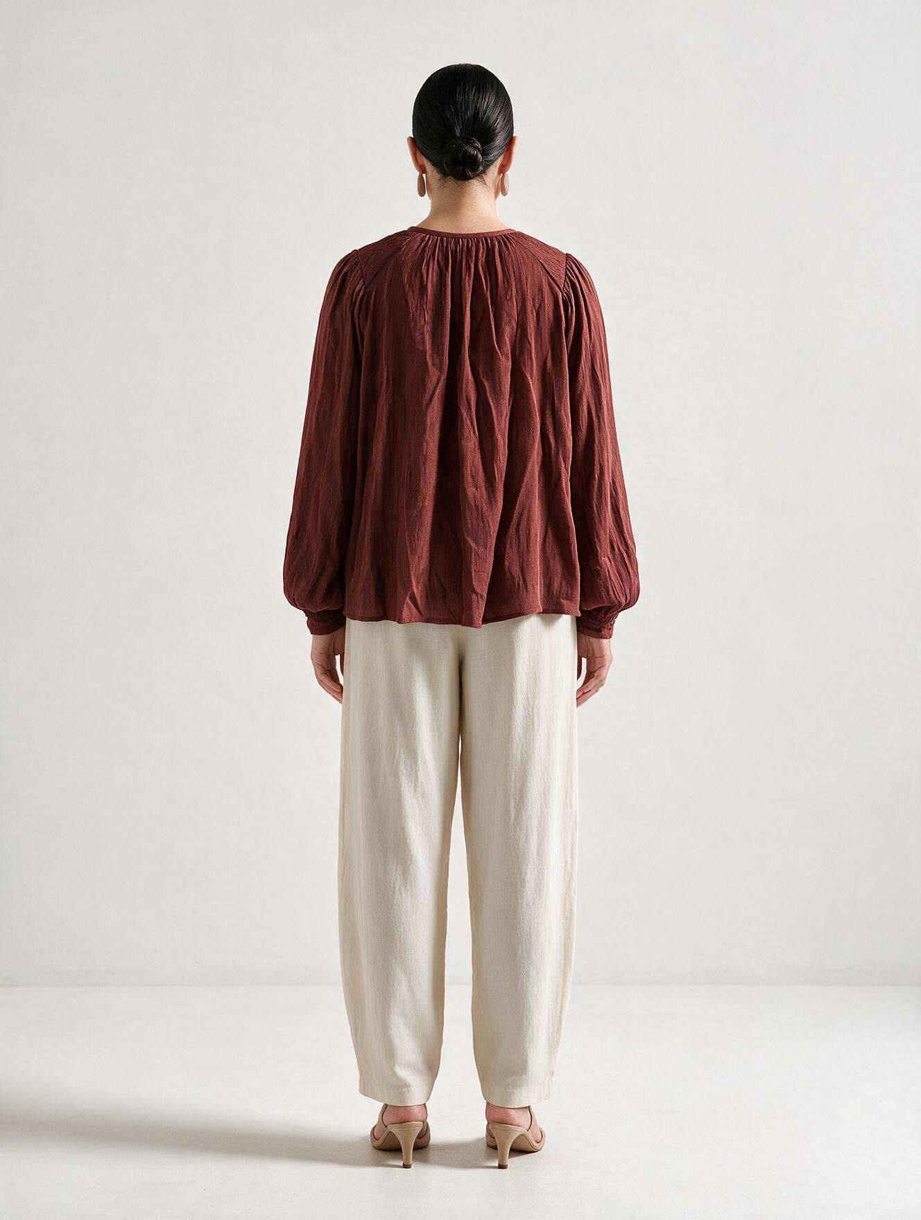 Women Brown Smocked Long Sleeve Top