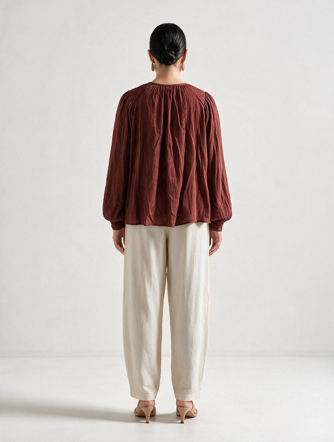 Women Brown Smocked Long Sleeve Top