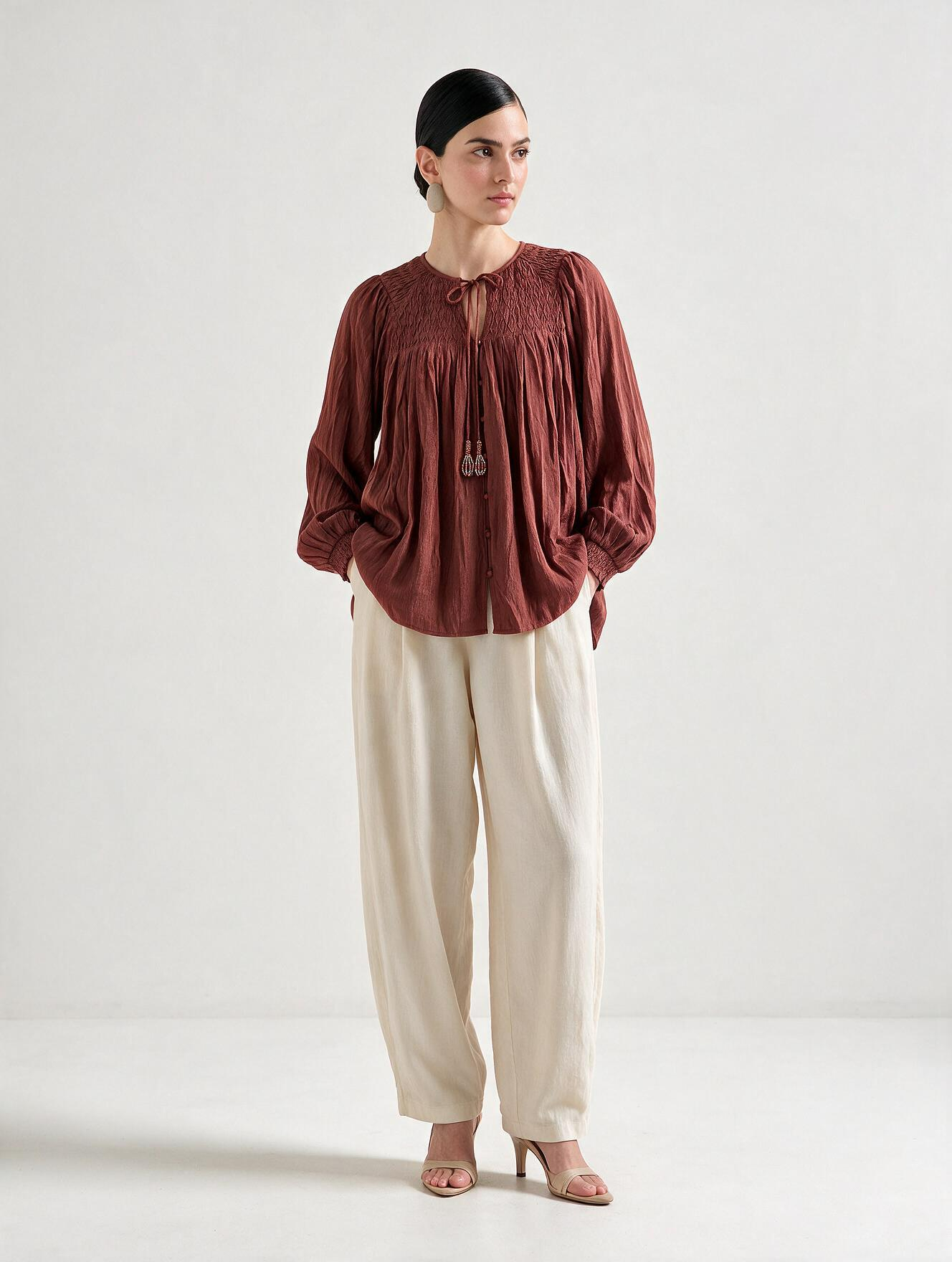 Women Brown Smocked Long Sleeve Top