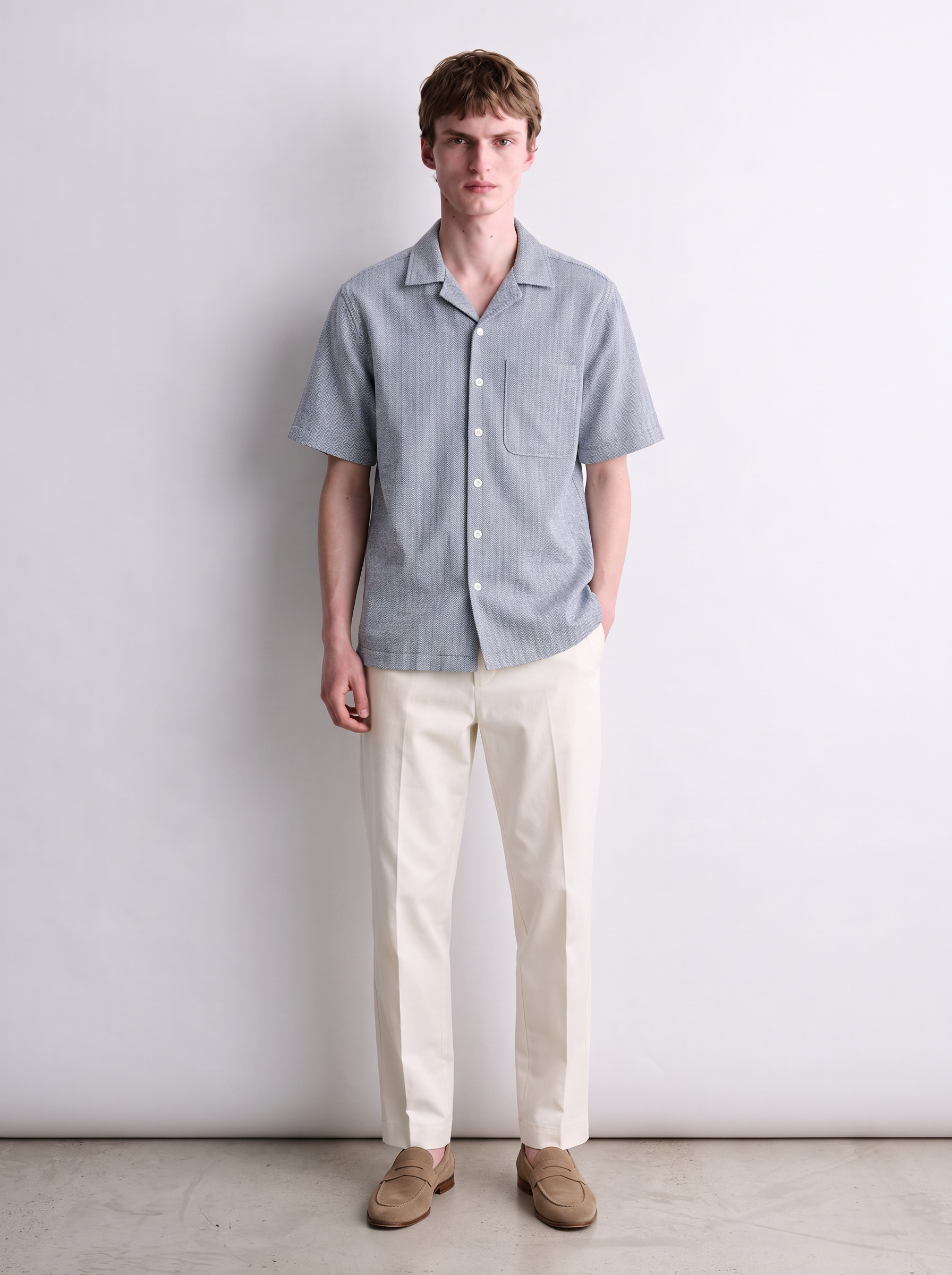 Men Blue Chevron Cuban Collar Shirt