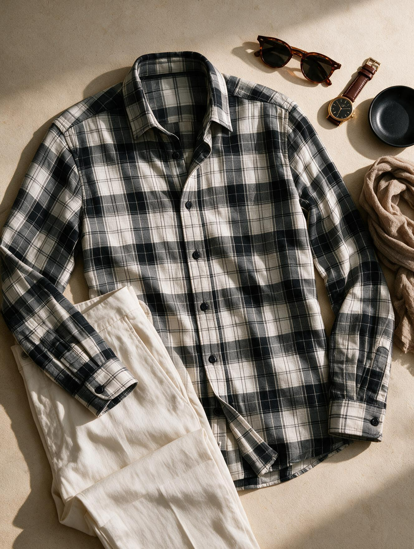 Men Grey Plaid Checked Long Sleeve Casual Shirt