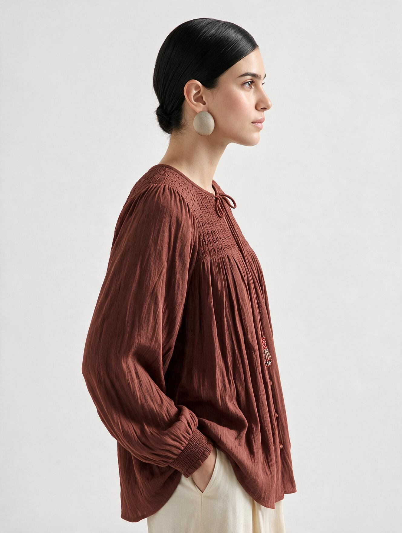 Women Brown Smocked Long Sleeve Top