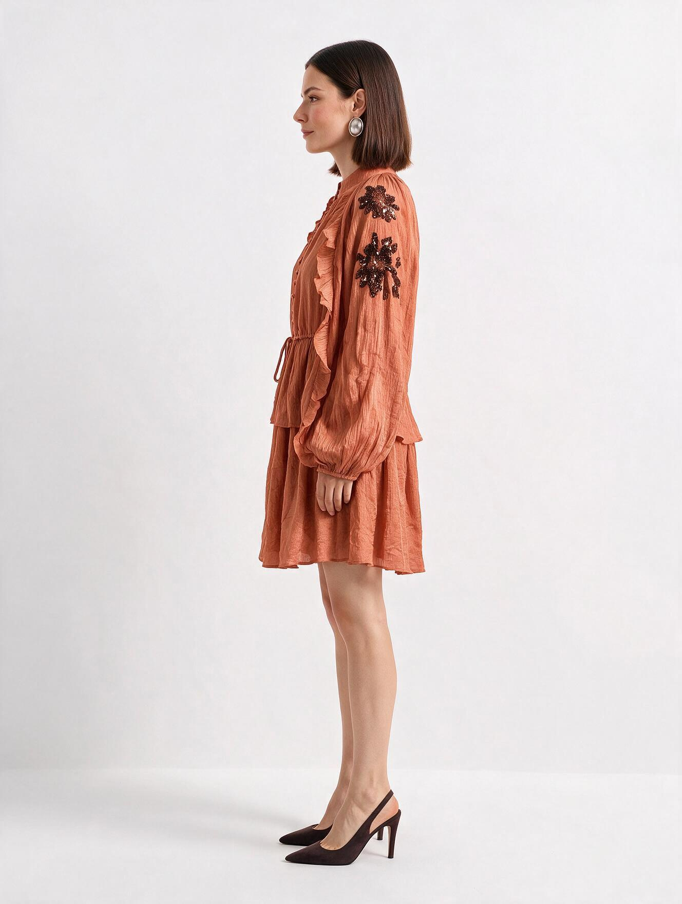 Women Rust Sequin Embroidered Ruffle Detail Tiered Dress
