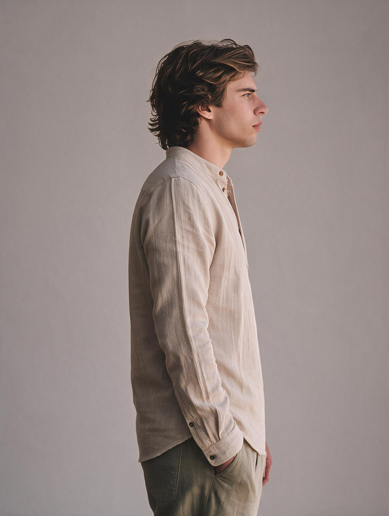 Men Beige Textured Mandarin Collar Henley Shirt