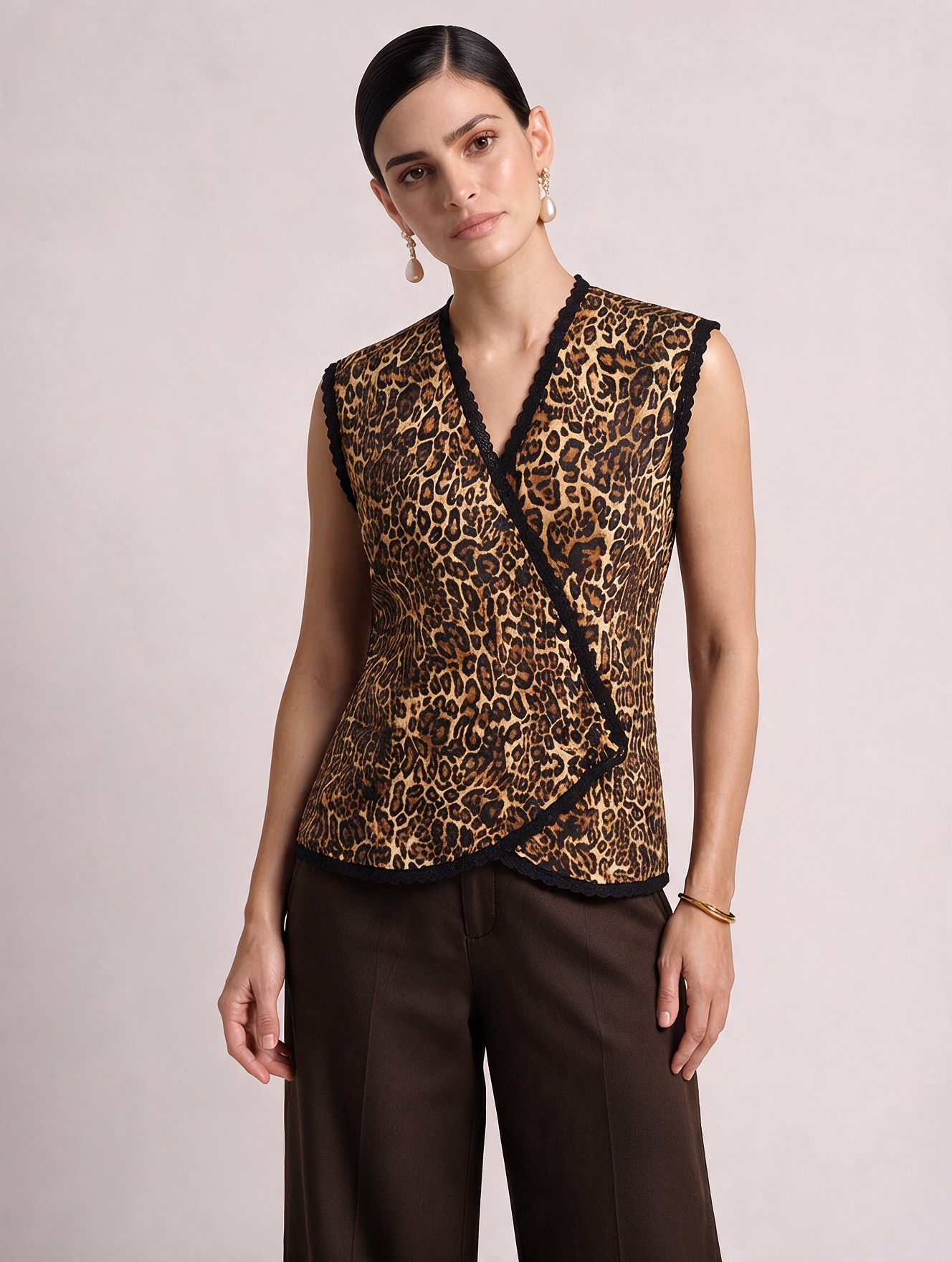 Women Wild Print Lace Wrap Top
