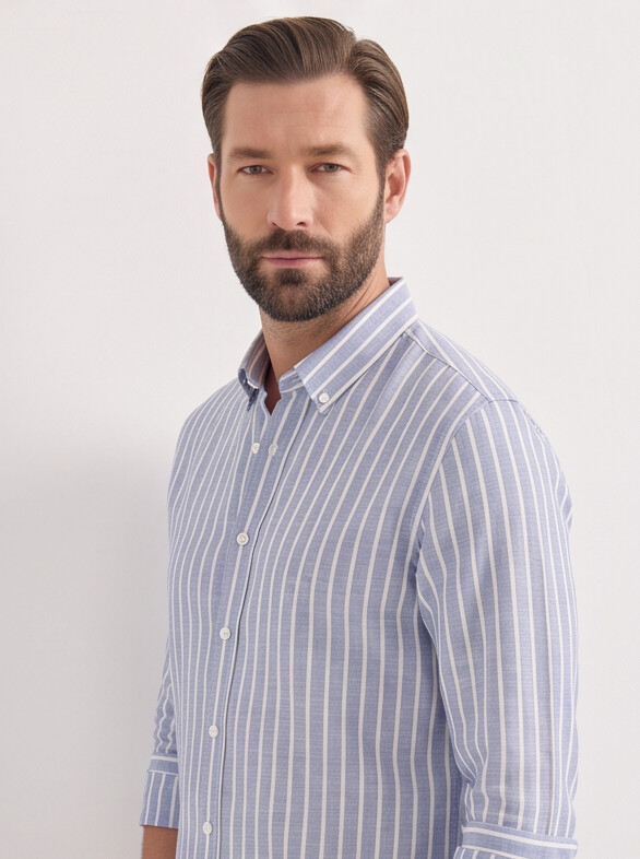 Men Blue Pinstripe Slim Shirt