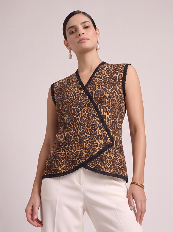 Women Wild Print Lace Wrap Top