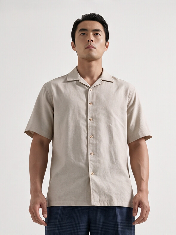Men Cream Cuban Collar Linen Blend Shirt