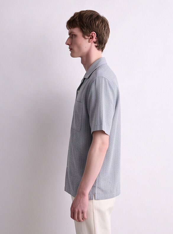 Men Blue Chevron Cuban Collar Shirt
