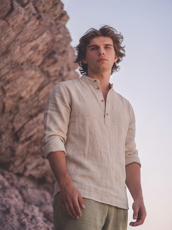 Smukk Men Beige Mandarin Collar Henley Shirt - Image 1