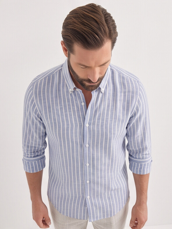 Men Blue Pinstripe Slim Shirt