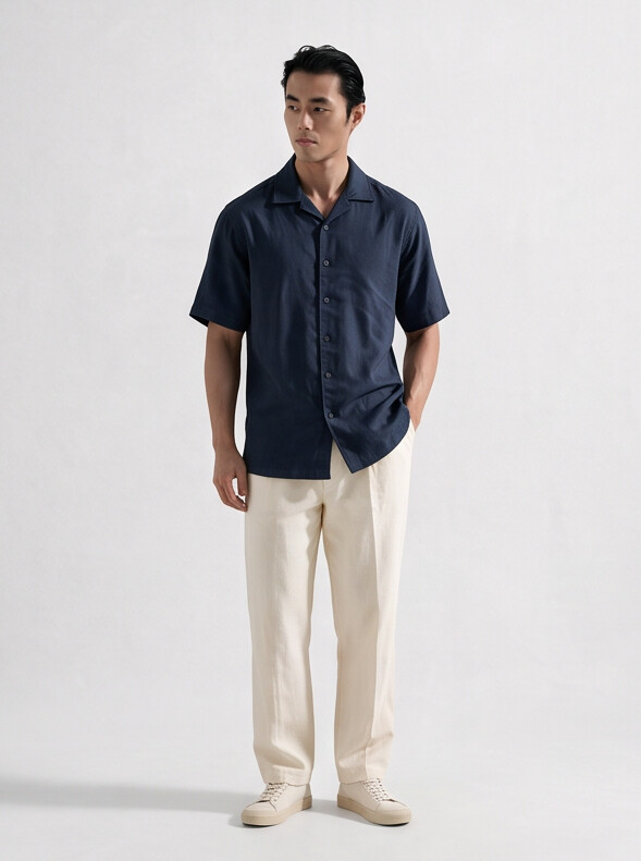 Men Navy Cuban Collar Linen Blend Shirt
