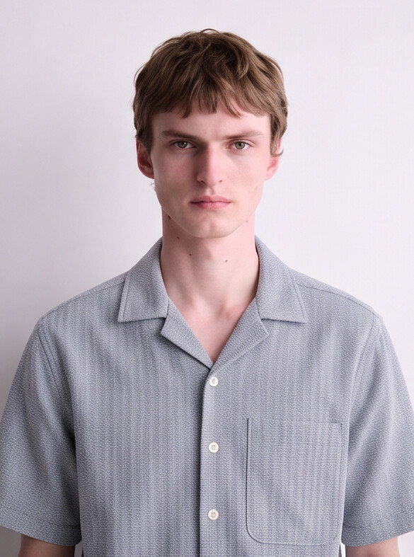 Men Blue Chevron Cuban Collar Shirt