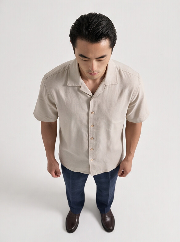 Men Cream Cuban Collar Linen Blend Shirt