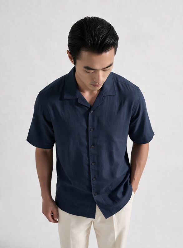 Men Navy Cuban Collar Linen Blend Shirt
