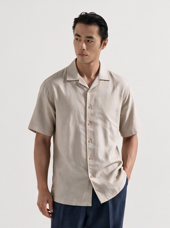 Men Cream Cuban Collar Linen Blend Shirt