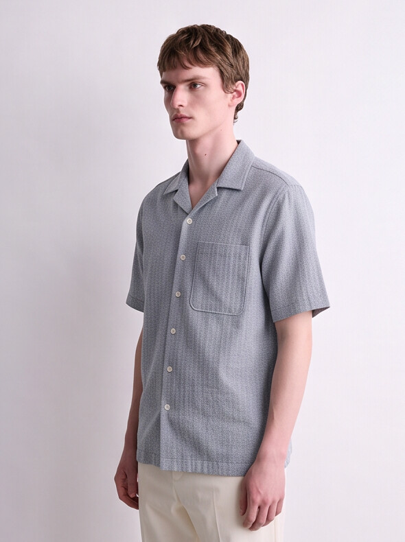 Men Blue Chevron Cuban Collar Shirt