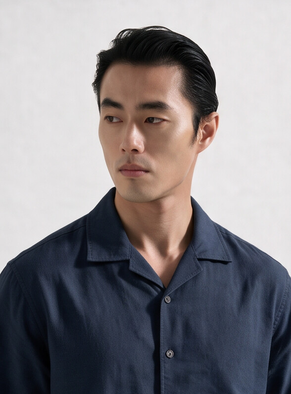 Men Navy Cuban Collar Linen Blend Shirt